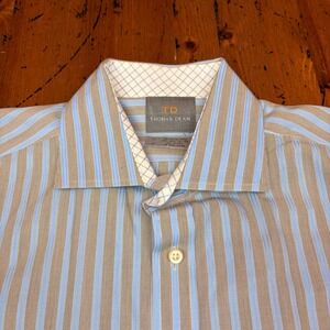 Thomas Dean Mens Blue Tan Striped Long Sleeve Cotton Dress Shirt Size M